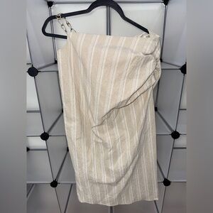 ZARA Flax Striped Ruched Cut Out Chain Midi Slit Skirt Size L